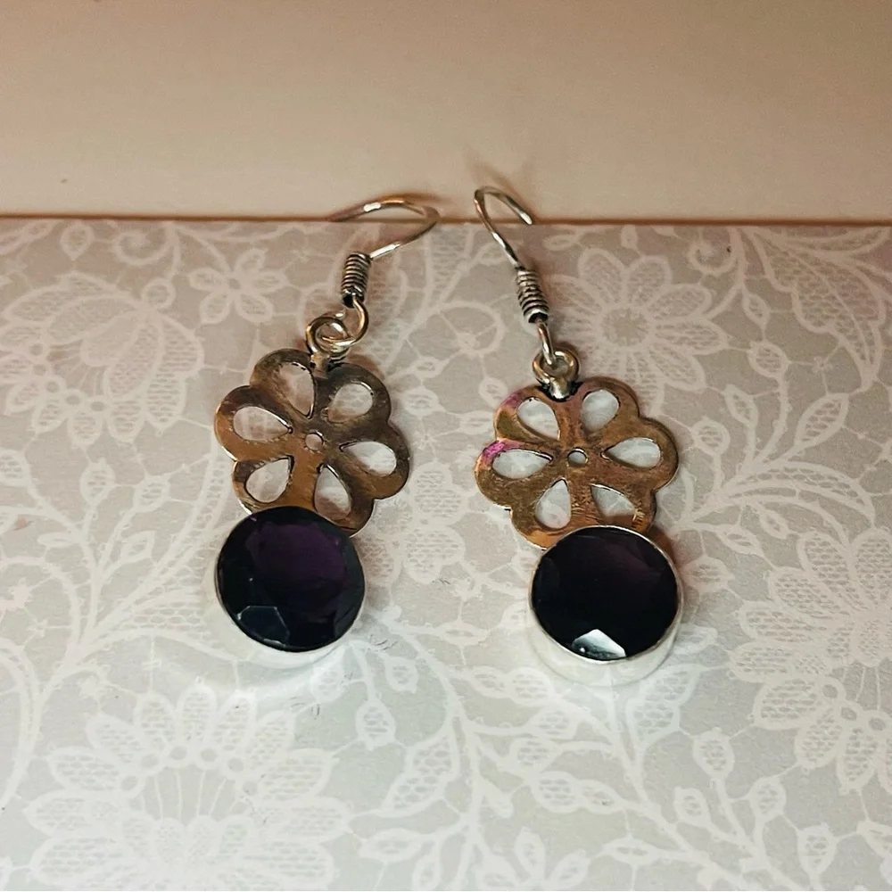 New Artisan 925 Sterling Silver Natural Amethyst Gem Daisy Handmade Earrings